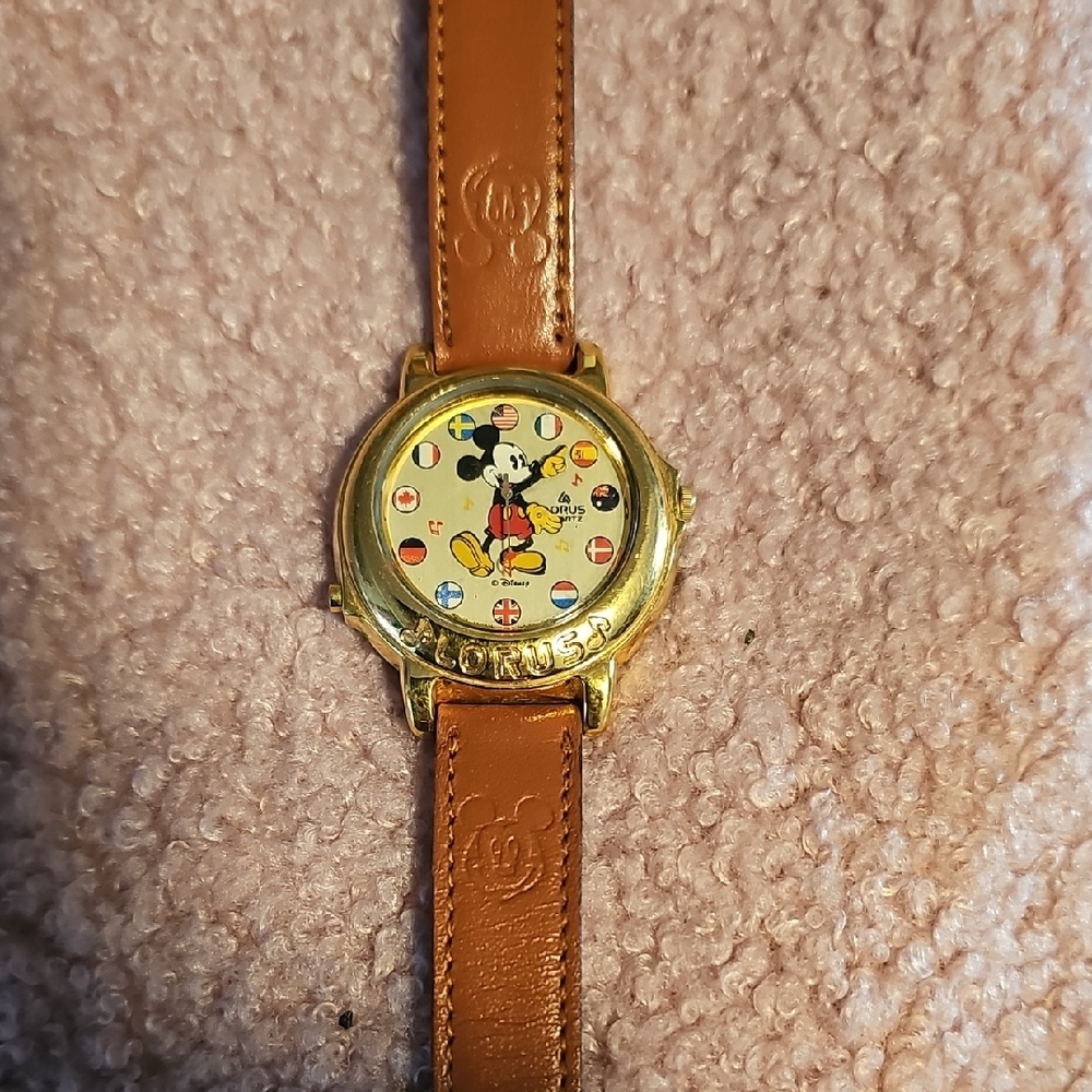 Disney Gold Watch with Brown Strap Featuring Mickey Mouse